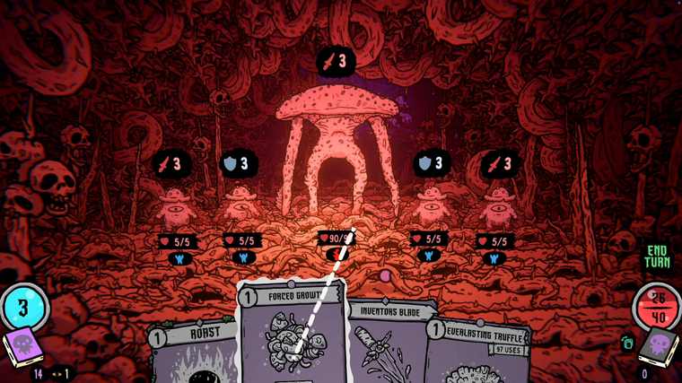 A large pink mushroom boss with ninety health flanked by four small enemies in a red chamber